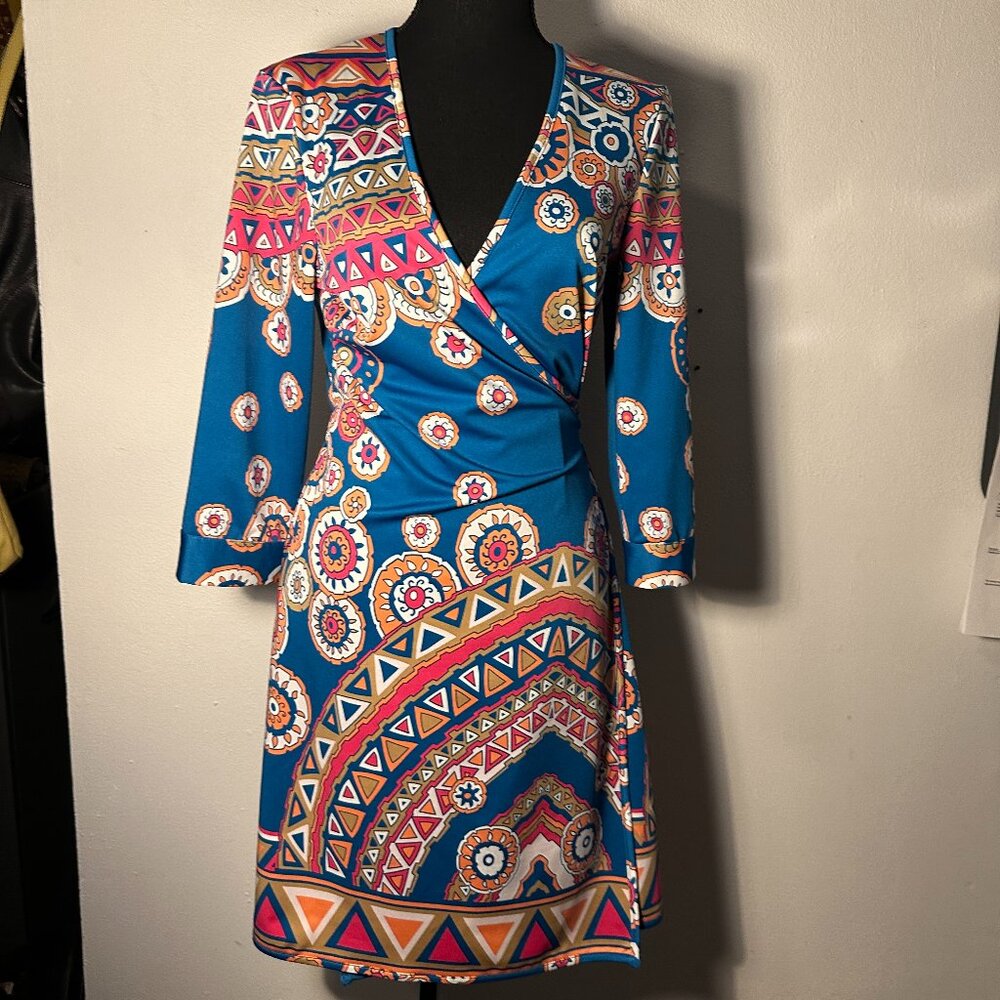 Vibrant Boho Print Wrap Dress - 3/4 Sleeve - Perfect for Any Occasion